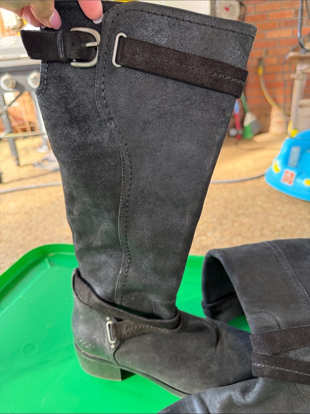 UGG Black Suede Knee-High Boots with Buckle Accent